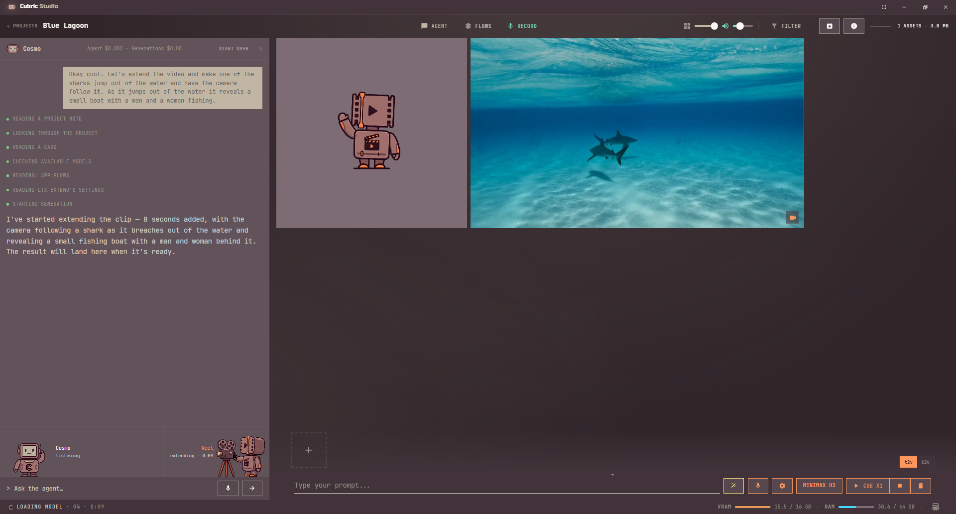 A project with the Agent panel open on the left: a request to extend a shark video, the steps Cosmo took listed under it, and its reply that the extension has started; at the bottom, Cosmo listening and Reel extending with a timer, above the Ask the agent box; the workspace on the right shows the source clip and the new card being made