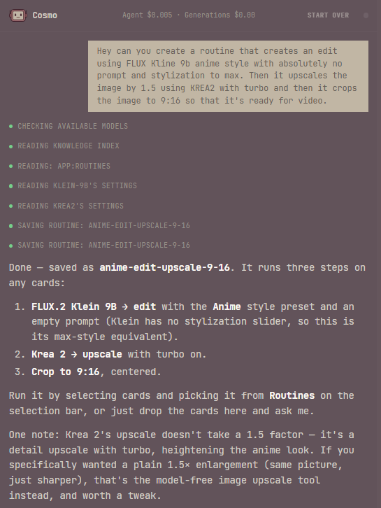 The Agent panel: a request for a routine that edits with FLUX Klein 9B in the anime style, upscales with Krea 2 on turbo and crops to 9:16, the steps Cosmo took including Reading app:routines and Saving routine, then its reply: saved as anime-edit-upscale-9-16, the three steps listed, and how to run it from Routines on the selection bar