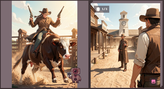 Two Gallery cards during a routine run: on the left an anime-style bull rider still generating, with the mascot on it, and on the right the routine's result stack with a 1/3 badge