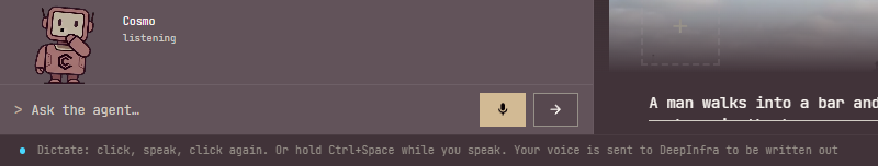The bottom of the Agent panel with its mic button lit beside Send, and the status bar reading: Dictate: click, speak, click again. Or hold Ctrl+Space while you speak. Your voice is sent to DeepInfra to be written out