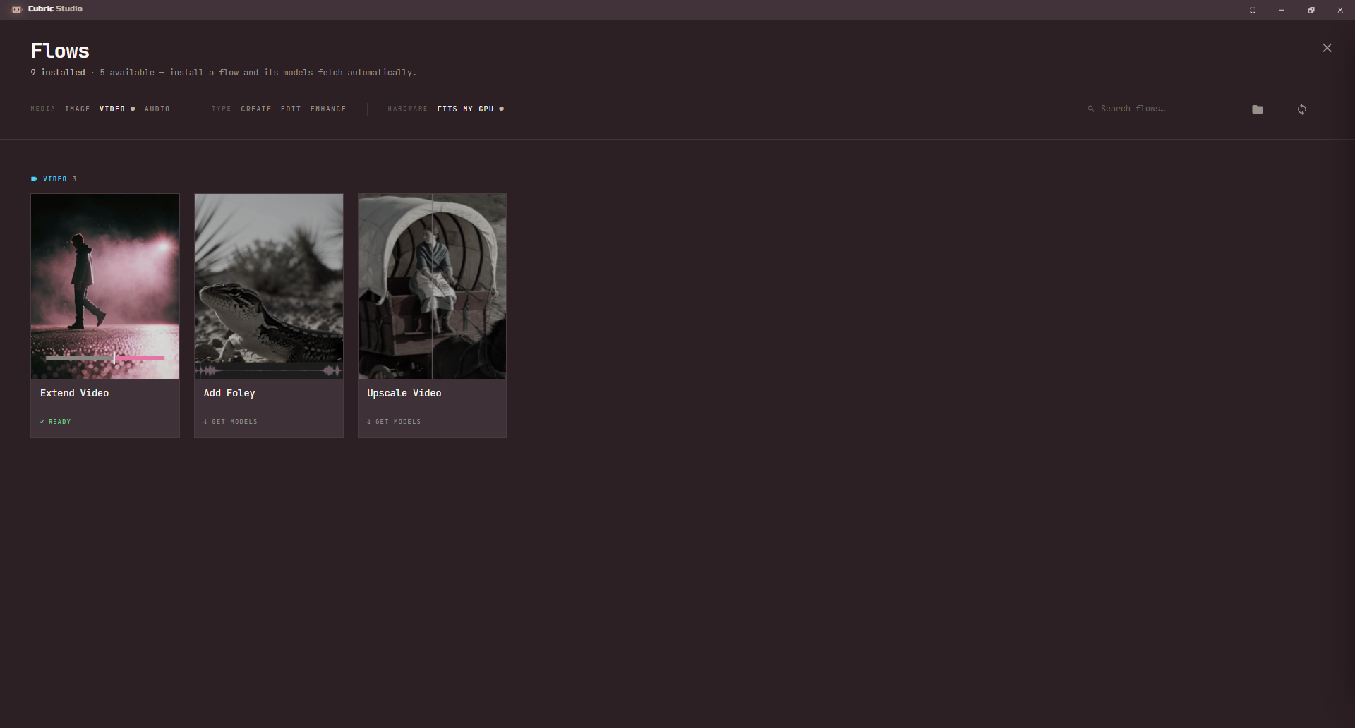 The Flow Library with the Video media filter and Fits my GPU both active, so only the Video section shows: Extend Video, Add Foley and Upscale Video