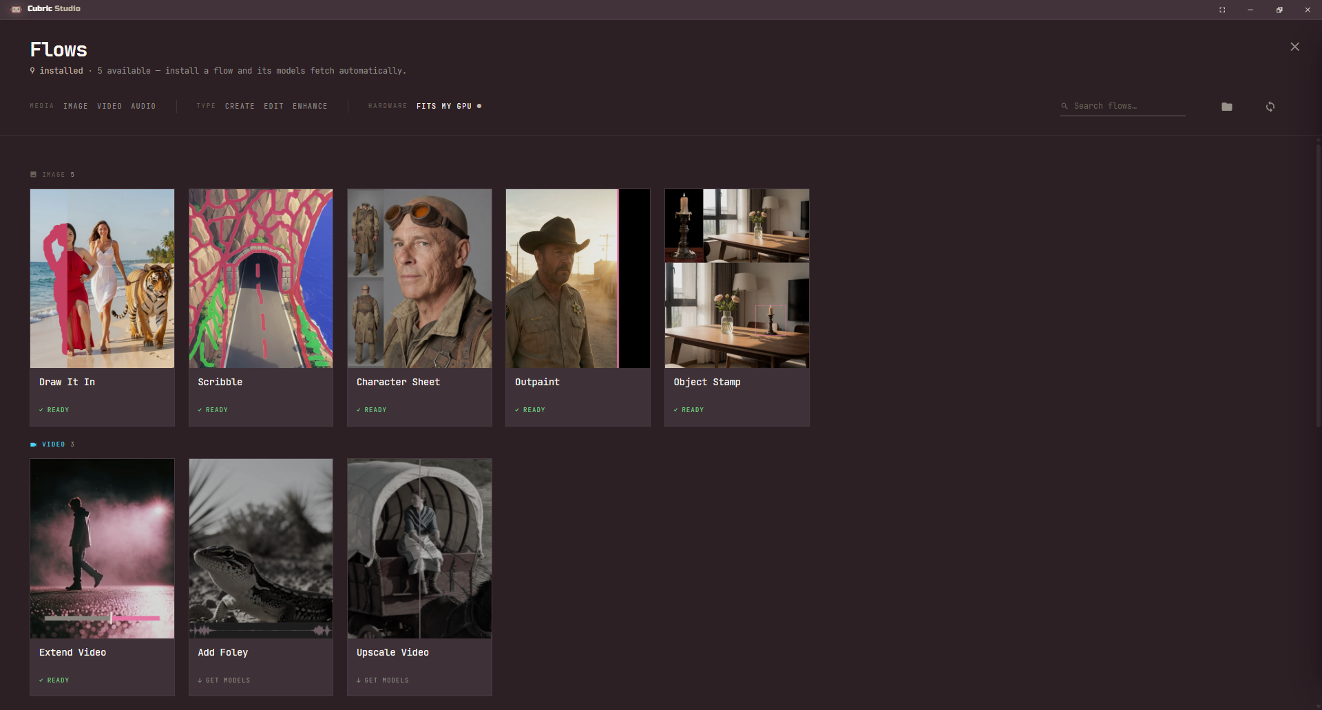 The Flow Library with Fits my GPU on: the Media, Type and Hardware filters and a search box across the top, an Image section with Draw It In, Scribble, Character Sheet, Outpaint and Object Stamp all Ready, and a Video section with Extend Video Ready and Add Foley and Upscale Video showing Get models