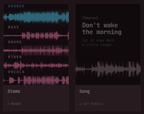 Two audio flow tiles: Stems showing Ready and Song showing Get models