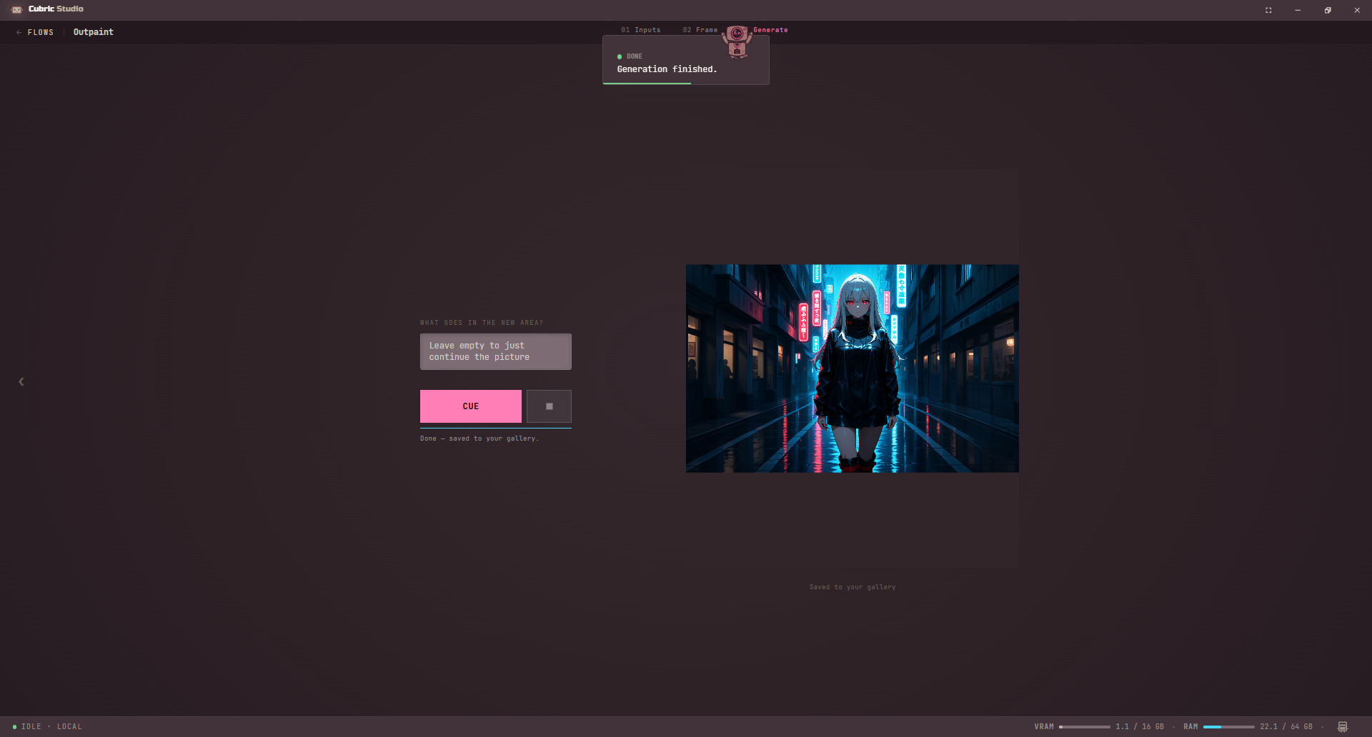 Outpaint's Generate step after a run: the What goes in the new area? field left empty to just continue the picture, the Cue button, Done, saved to your gallery, the widened picture on the right, and a Generation finished notice