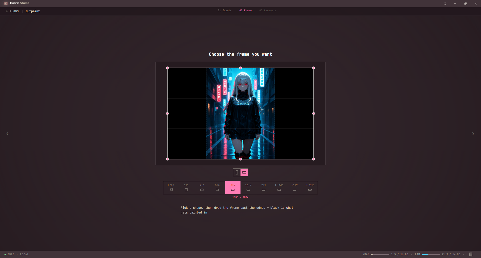 Outpaint's Frame step: Choose the frame you want, the picture inside a larger frame with handles, a row of shapes from Free to 2.39:1 with 8:5 picked, and the hint to drag the frame past the edges