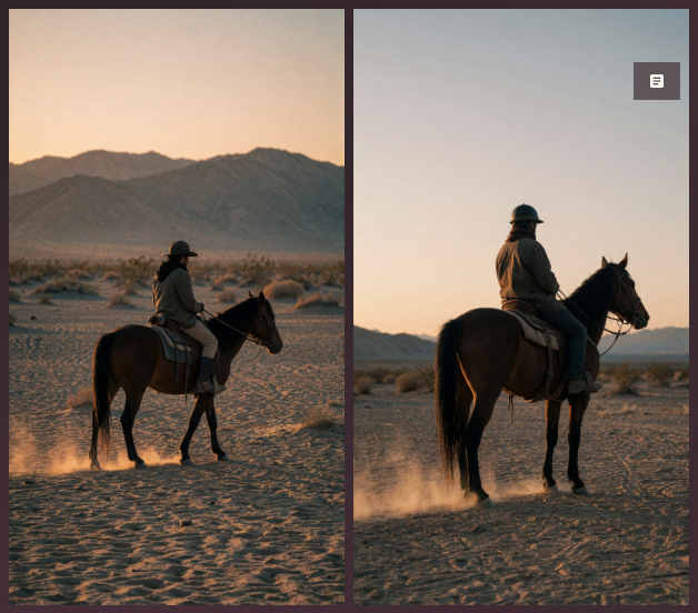 Two Cubric Studio gallery cards of a rider on a horse in the desert; the second card shows a small notes icon in its top-right corner