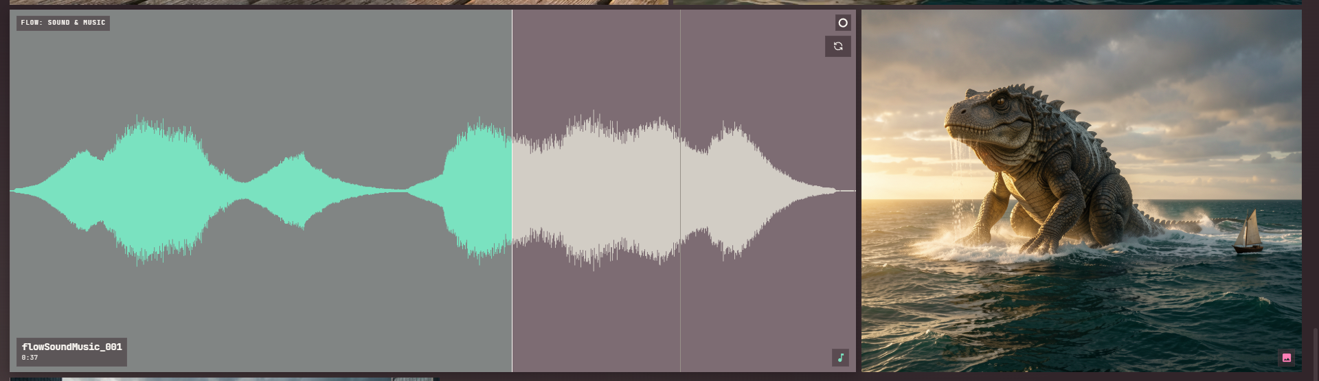 An audio card, flowSoundMusic_001, drawn as a wide tile filled with its own waveform, the part already played filled in green, between image and video cards