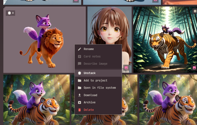 The right-click menu of a stack card: Rename, with Card notes and Describe image greyed out, then Unstack, Add to project, Open in file system, Download, Archive and Delete