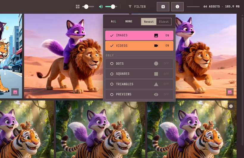 The FILTER panel open over the grid: All and None, Newest and Oldest, Images and Videos rows both on, and the Only rows for dots, squares, triangles and previews