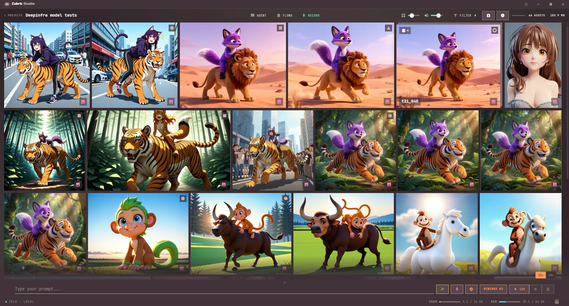 The Gallery of a project: Agent, Flows and Record at the top with the card-size and volume sliders, FILTER, and the archive and info buttons; a grid of image cards including a stack card with a 4 badge; the Prompt Box along the bottom