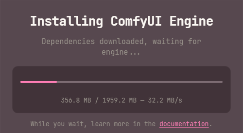 The Installing ComfyUI Engine window: Dependencies downloaded, waiting for engine, and a progress bar at 356.8 MB of 1959.2 MB