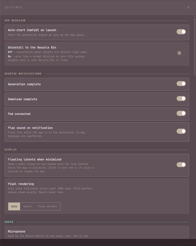 The Settings panel: App behavior with Auto-start ComfyUI on launch and Uninstall to the Recycle Bin, Desktop notifications with Generation complete, Download complete, Pod connected and Play sound on notification, Display with Floating latents when minimized and Pixel rendering set to Auto, and the start of Audio with Microphone