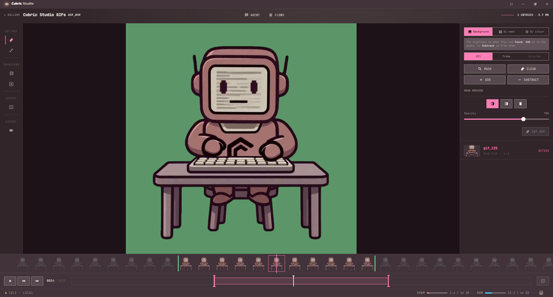 Cut-out with Background chosen after a run: the background highlighted green on the stage, the scope set to All, and the Mask, Clear, Add and Subtract buttons above the mask preview controls