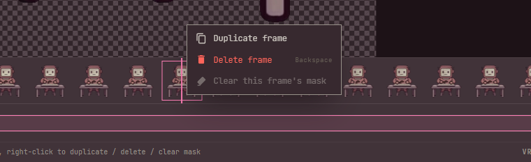 The frame strip with a frame's right-click menu open: Duplicate frame, Delete frame with its Backspace shortcut, and a greyed Clear this frame's mask; the trim bar below it