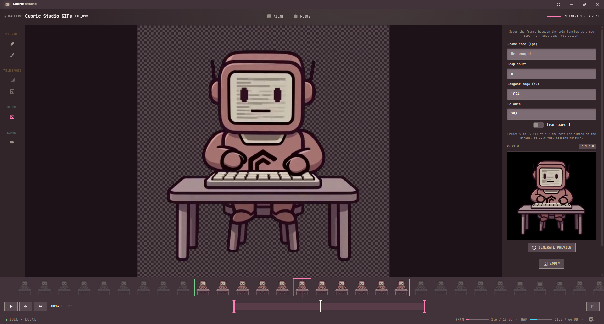 GIF output open on the right: Frame rate left at Unchanged, Loop count 0, Longest edge 1024, Colours 256, Transparent off, a line summing up frames 9 to 19 at 10 fps looping forever, and a 1.1 MiB preview above Generate preview and Apply; the frames outside the trim range are dimmed on the strip