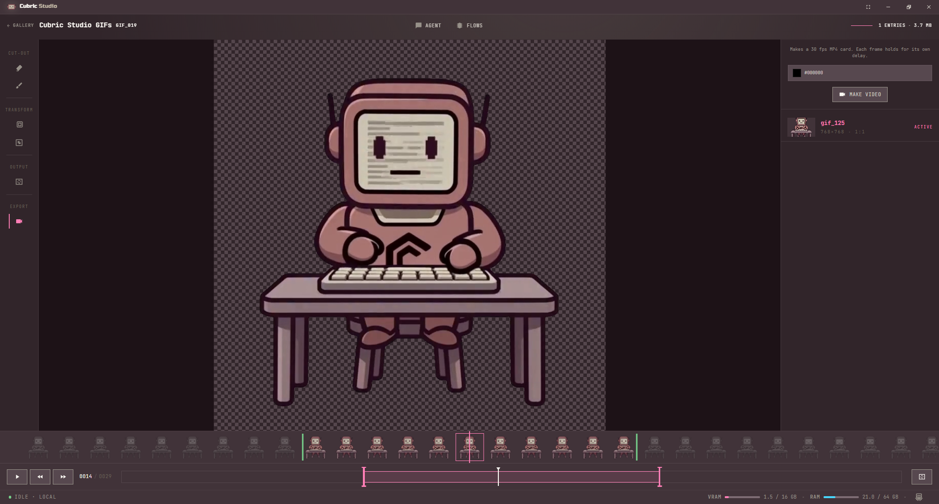 The GIF workspace: the tool rail down the left with Cut-out, Transform, Output and Export, the GIF on a checkerboard stage, the GIF to Video panel open on the right, and along the bottom the frame strip with the transport and trim bar under it