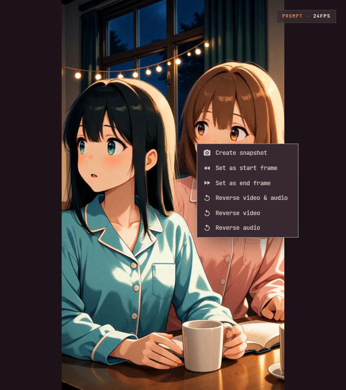 Video History with the viewer's context menu open over the clip: Create snapshot, Set as start frame, Set as end frame, Reverse video and audio, Reverse video, and Reverse audio