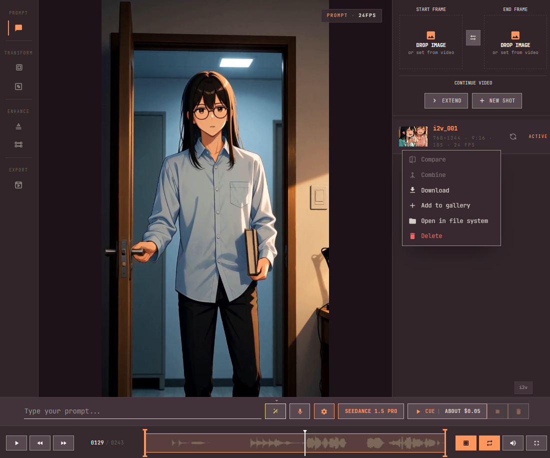 Video History with the entry context menu open on the clip's one entry: Compare and Combine greyed out, then Download, Add to gallery, Open in file system, and Delete