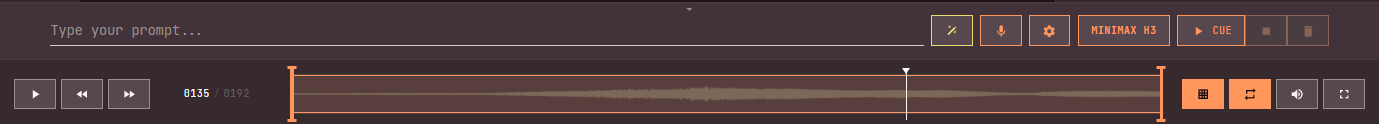 The bottom of video History: the Prompt Box with MiniMax H3 and Cue, and under it play, previous and next frame, the frame counter, a trim bar drawing the clip's waveform, and the frames, loop, volume and fullscreen buttons