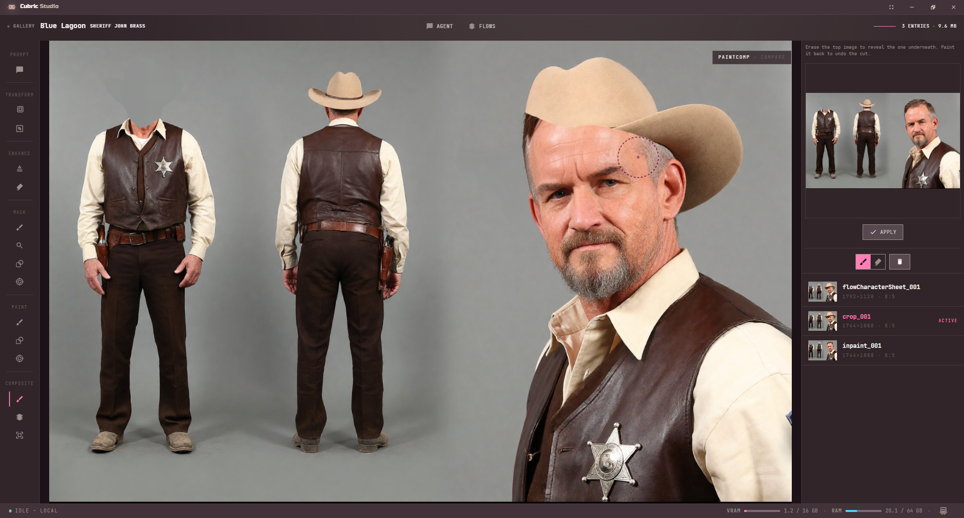 Paint Comp: the top image erased around the sheriff's head so the version underneath, still wearing its hat, shows through, with a preview of the underneath image and Apply in the panel