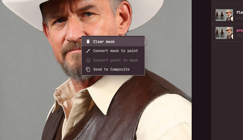 The image's right-click menu over a masked hat: Clear mask, Convert mask to paint, a greyed Convert paint to mask, and Send to Composite