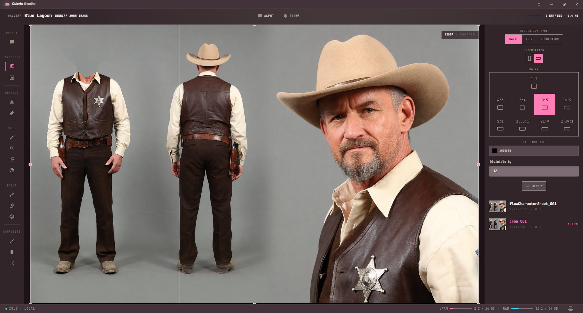 The Crop tool: a crop frame over the image, and in the panel the Ratio, Free and Resolution types, the orientation toggle, a grid of ratios with 8:5 picked, Fill outside, Divisible by 16, and Apply