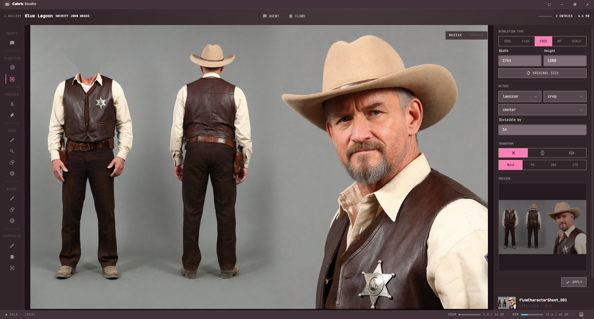 The Resize tool on Free: width 1744 and height 1088 with Original size, the method set to lanczos and crop with a center anchor, Divisible by 16, the flip and rotate options, a live preview, and Apply