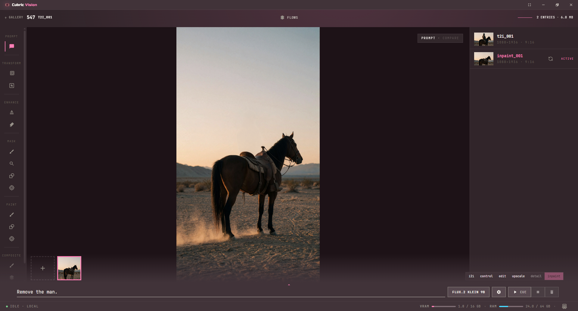 The same image after Inpaint: the rider is gone, the horse and saddle are intact, and the sky behind him is filled in