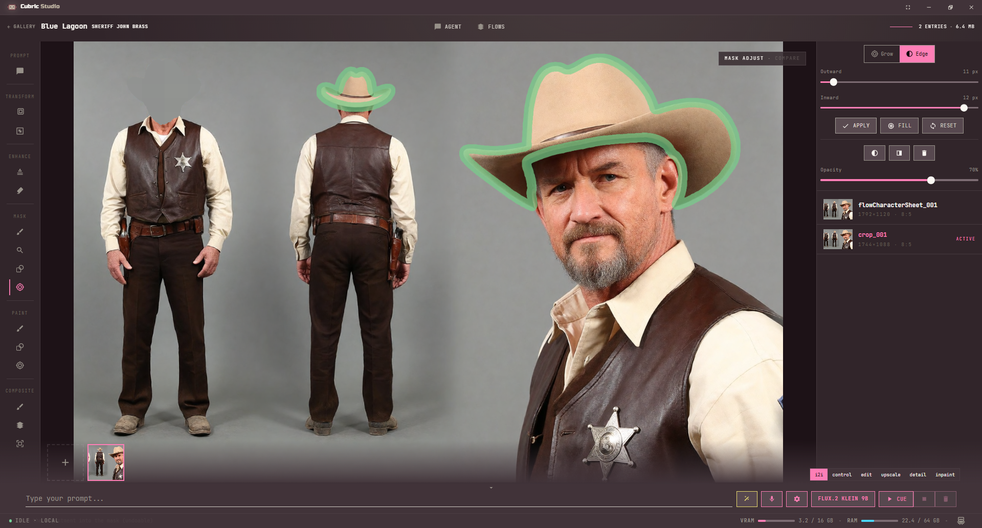 Mask Adjust in Edge mode: the masks on both hats reduced to green bands around their outlines, with Outward and Inward sliders, Apply, Fill and Reset