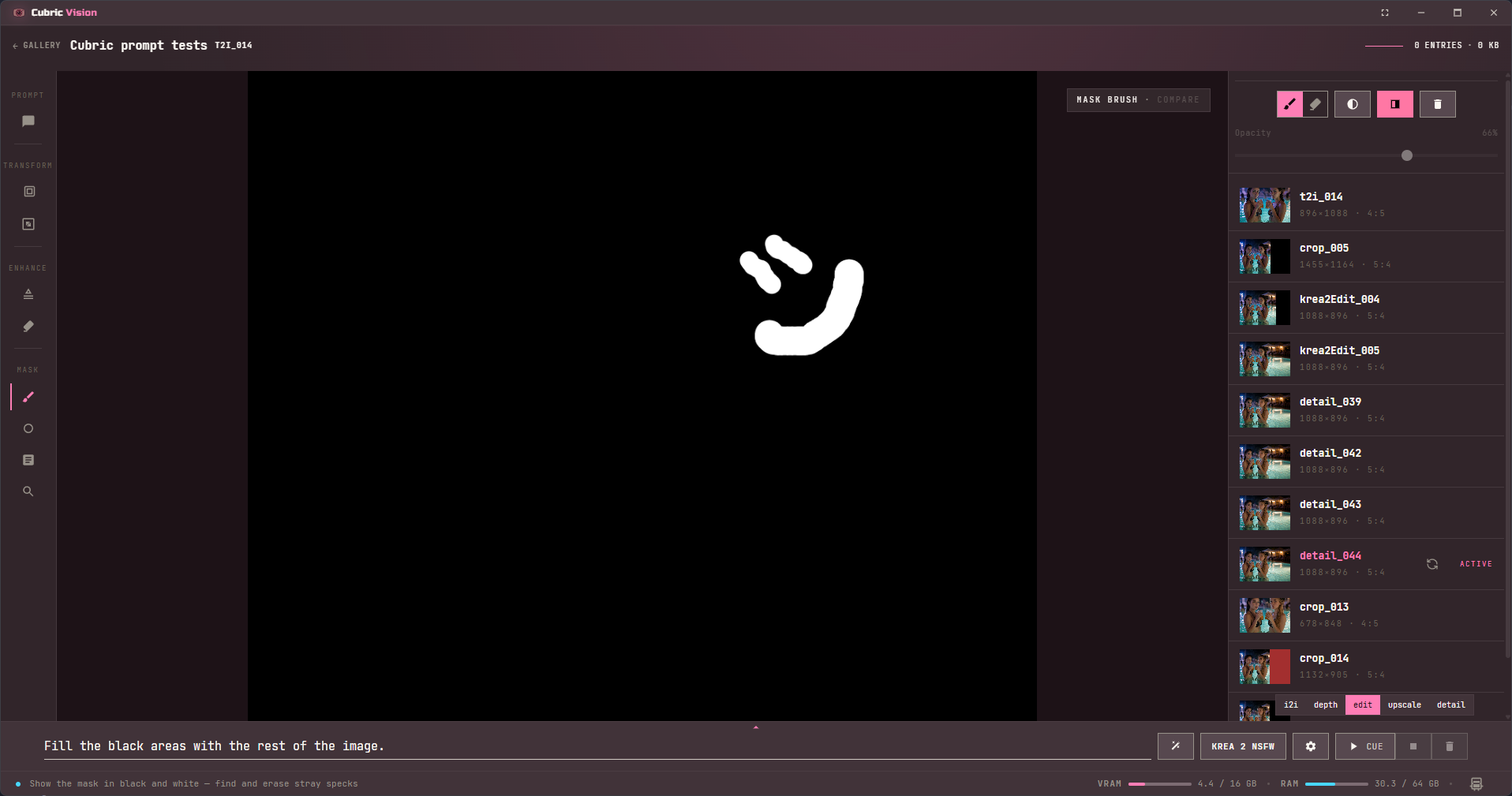 Cubric Studio mask black-and-white view showing the painted mask as white strokes on a black field, with the black-and-white toggle active in the mask options panel