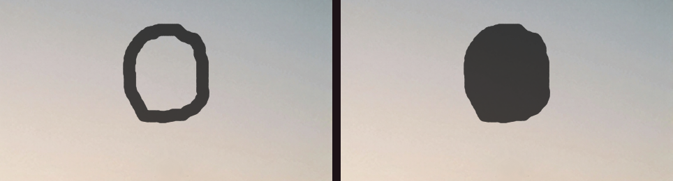 The same patch of sky twice: on the left a mask drawn as a ring, on the right the same mask after Fill, closed into a solid shape