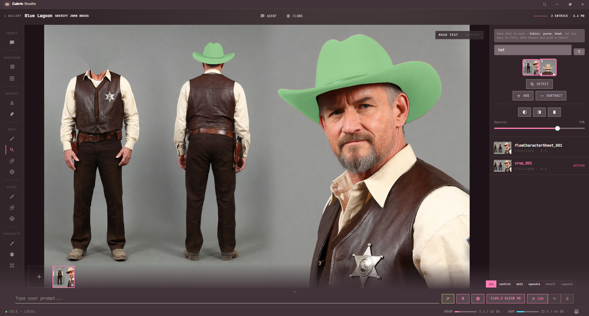 Mask Text with hat typed and a count of 2: two numbered thumbnails returned and both cowboy hats masked green in the image