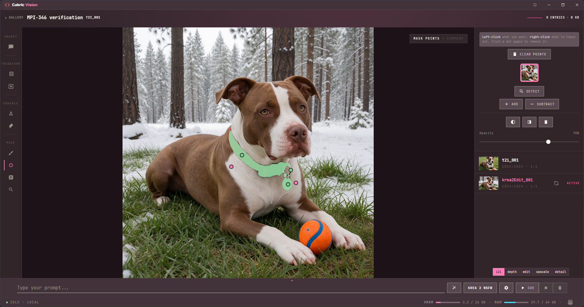 Cubric Studio Points mask tool: left-click and right-click dots placed on a dog's collar, the mask snapped to the collar and drawn green, with Clear points, Detect, and Add or Subtract in the options panel