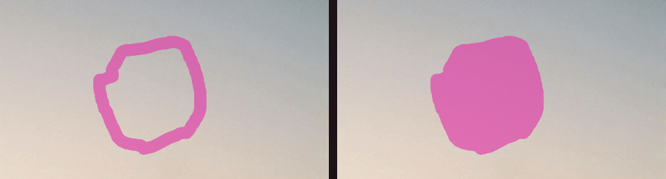 The same patch of sky twice: on the left a pink paint outline drawn as a ring, on the right the same ring after Fill, solid pink inside