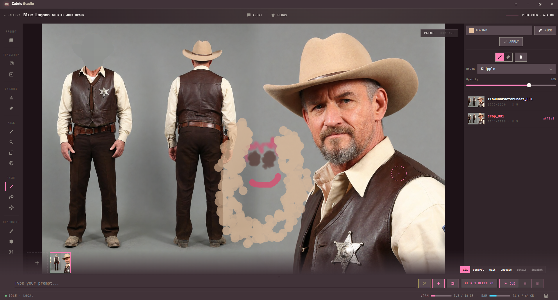 The Paint tool with the Stipple brush: a rough stippled face painted beside the sheriff, the colour swatch with Pick and Apply, and the Brush and Opacity settings