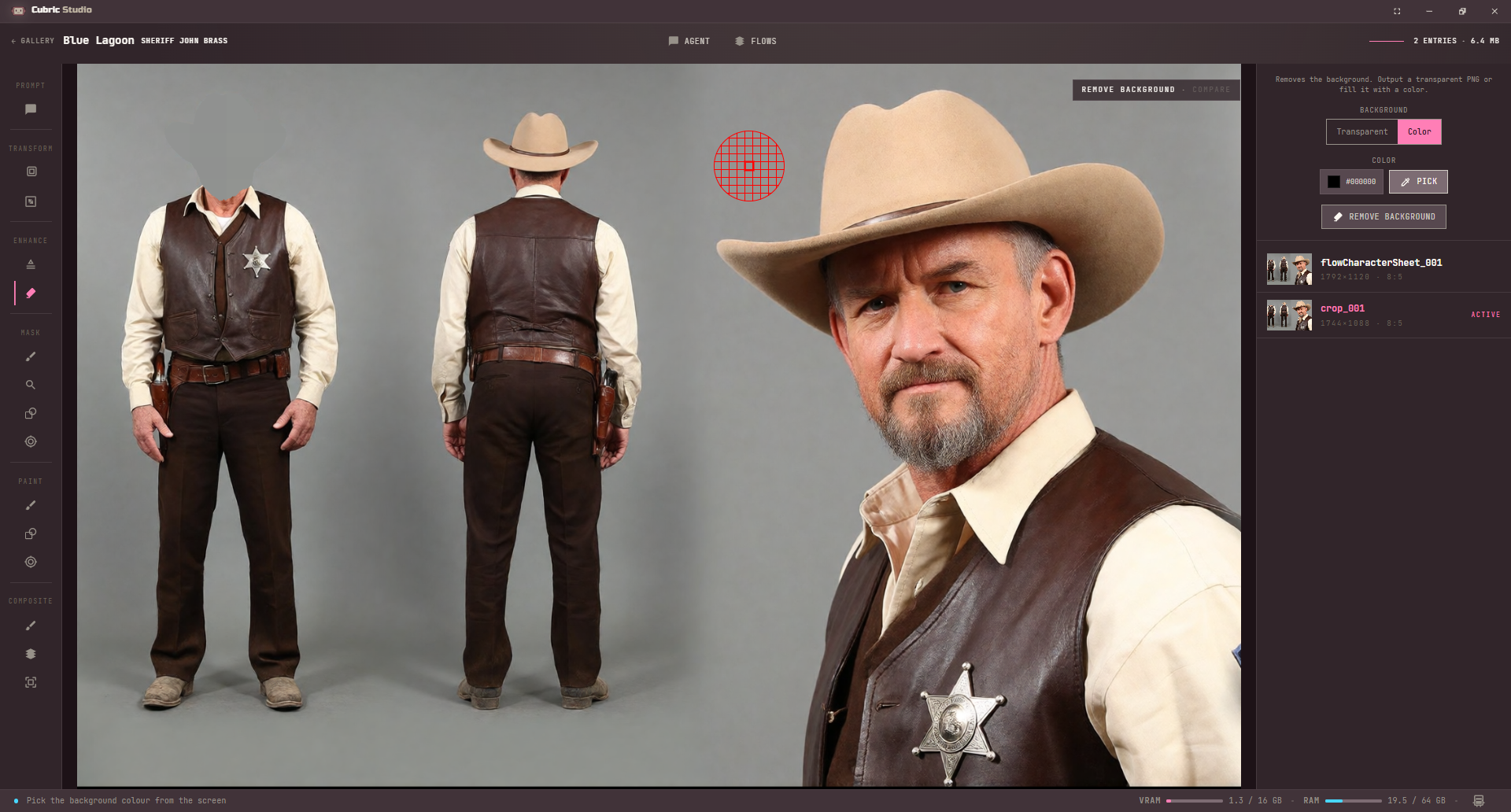 Remove Background with Color chosen and the screen colour picker active over the image, the colour field with its Pick button, and the Remove background button