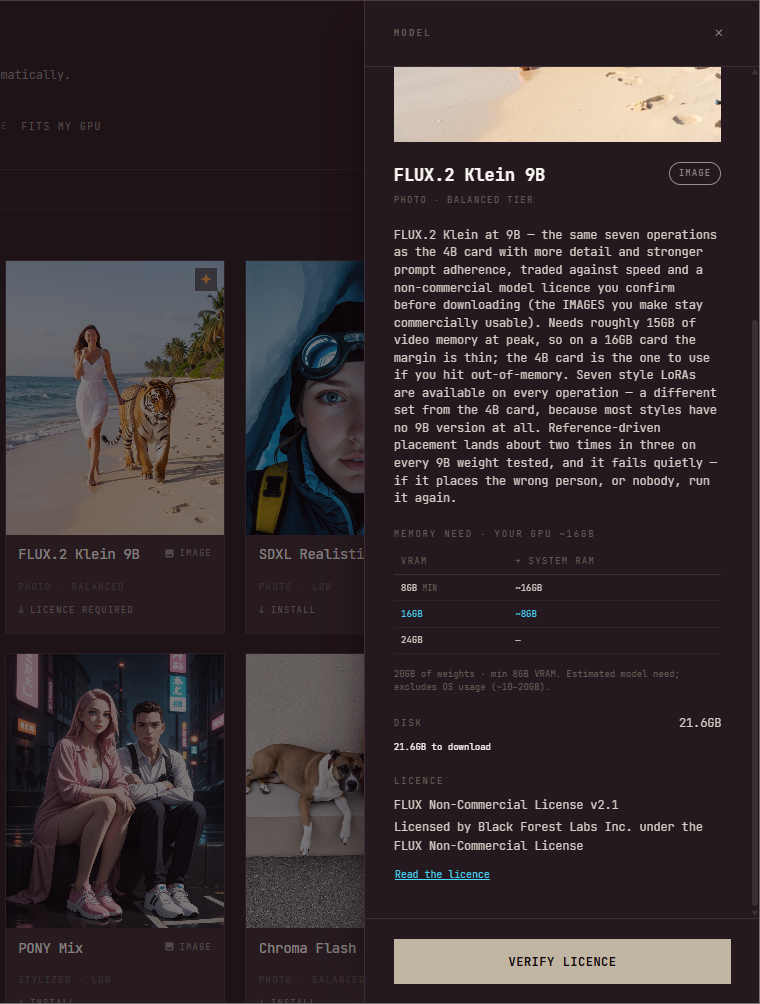 The Model Library with FLUX.2 Klein 9B's card reading Licence required, and its panel open: description, memory needs, size, and the FLUX Non-Commercial License v2.1 with a Read the licence link, above a Verify licence button