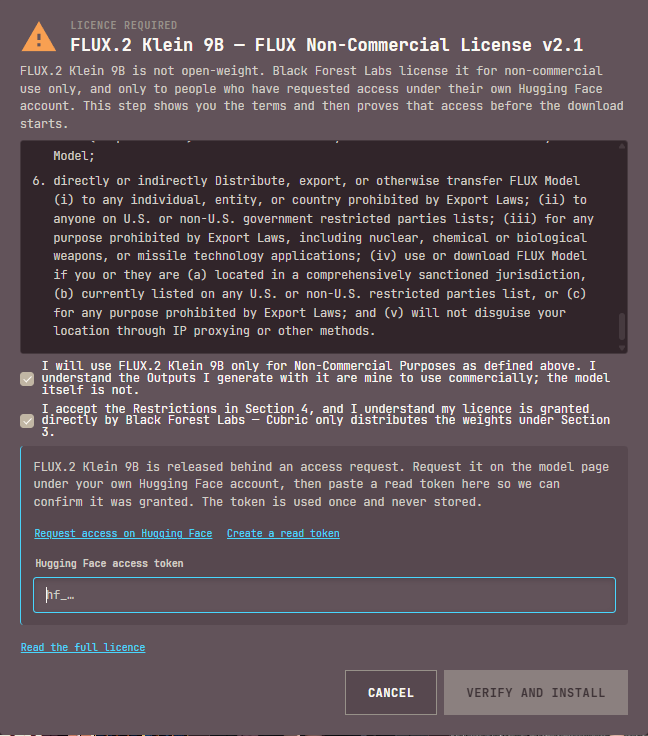 The licence dialog for FLUX.2 Klein 9B: the licence terms, two ticked boxes, then a note that the model is released behind an access request, links to Request access on Hugging Face and Create a read token, a Hugging Face access token field, and Cancel and Verify and install