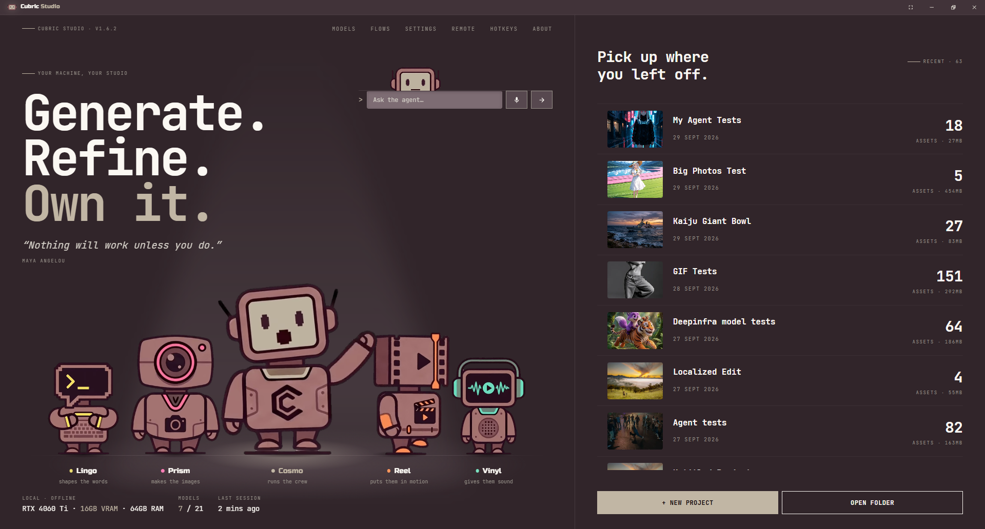 The Cubric Studio Projects landing page: the top navigation (Models, Flows, Settings, Remote, Hotkeys, About), the Generate. Refine. Own it. headline under a quote, five mascots on a lit stage named Lingo, Prism, Cosmo, Reel and Vinyl, and on the right the recent projects list with New project and Open folder buttons