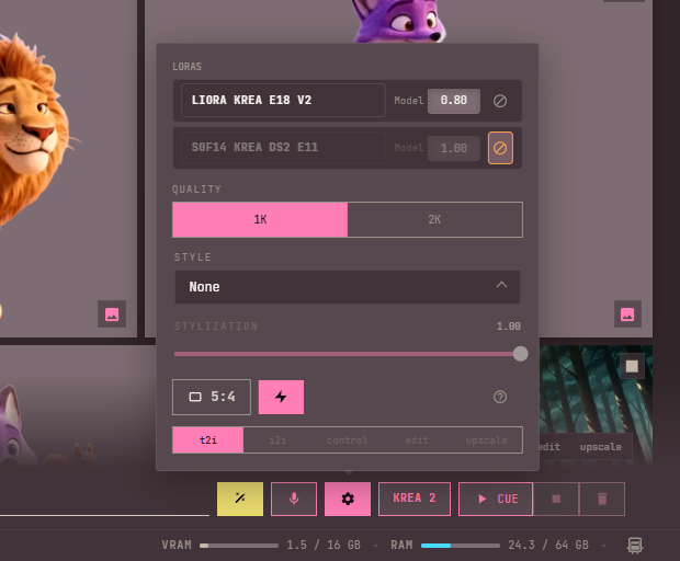 The Prompt Box cog popup for Krea 2 with the LoRA rack at the top: Liora Krea E18 V2 at 0.80, and a second LoRA greyed with its mute button lit, then the Quality, Style and ratio settings