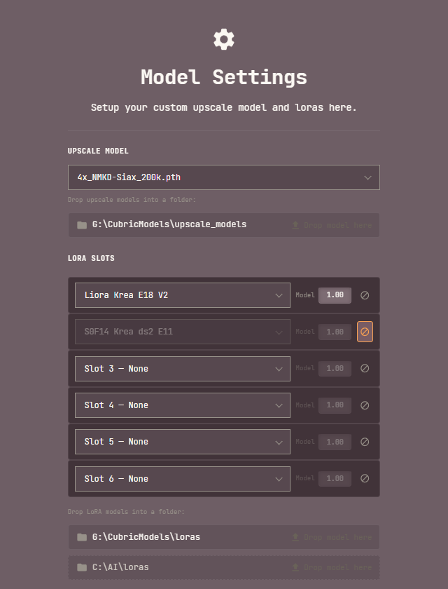 The Model Settings overlay: an upscale model picker set to 4x_NMKD-Siax_200k with its folder, six LoRA slots with the first two filled and the second muted, each with a strength, and the LoRA folders listed below