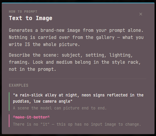 The How to prompt guide open on Text to Image, explaining what the operation does and showing a good example prompt alongside a struck-through bad one with the reason it fails