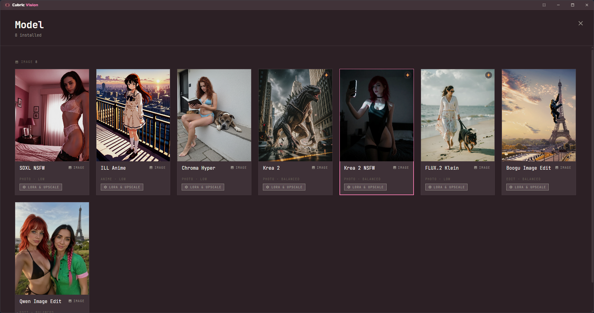 The Cubric Studio model picker as a full-screen contact sheet of preview tiles for the installed image models, each showing its name, kind and size tier plus a LoRA and Upscale button, with Krea 2 NSFW selected