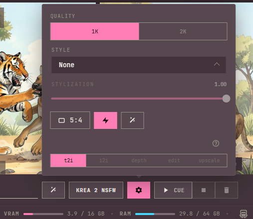 The Cubric Studio parameters popup showing quality, style, stylization, ratio, the question-mark button, and the same operation strip repeated inside the popup