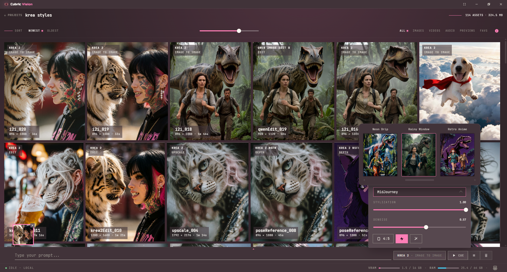 Prompt Box options with a style strip of preview cards, a Stylization slider, a Denoise slider, and a ratio control