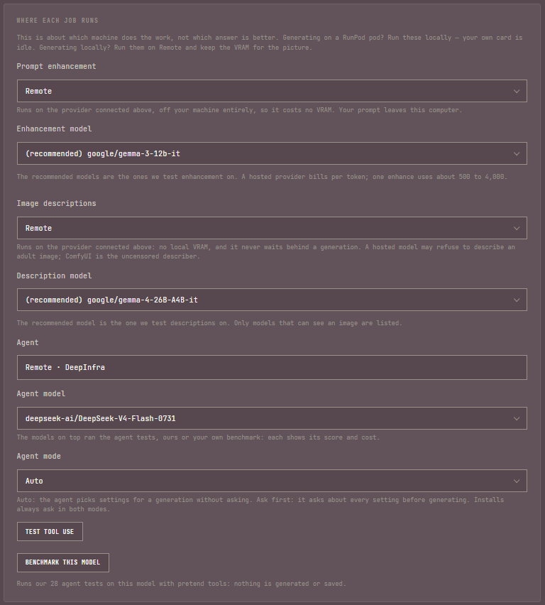 The Where each job runs group of the Remote panel: Prompt enhancement and Image descriptions both set to Remote with their recommended models picked, and the Agent row on Remote with its model, Agent mode set to Auto, and Test tool use and Benchmark this model buttons