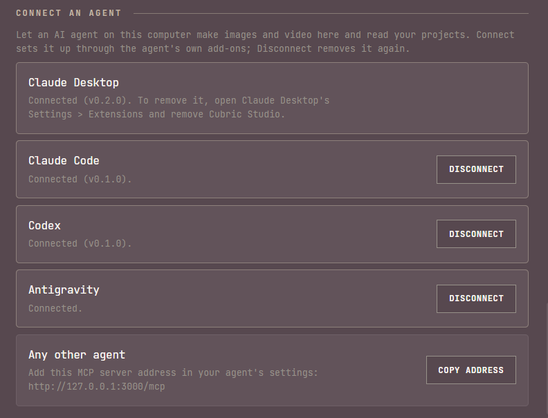 Connect an agent section with Claude Desktop, Claude Code, Codex and Antigravity all connected: Claude Desktop's row says to remove it from Claude Desktop's own Settings > Extensions, the other three have a Disconnect button, and the Any other agent row shows the MCP server address with a Copy address button