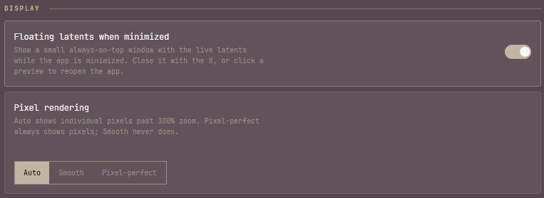 Display settings section with Floating latents when minimized toggle and a Pixel rendering Auto / Smooth / Pixel-perfect control