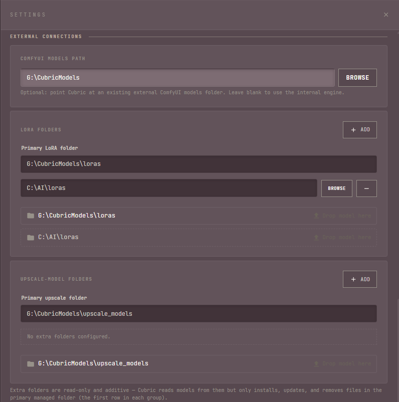 External Connections settings section with a ComfyUI models path field, primary and extra LoRA folders, and primary and extra upscale-model folders, each with a drop area