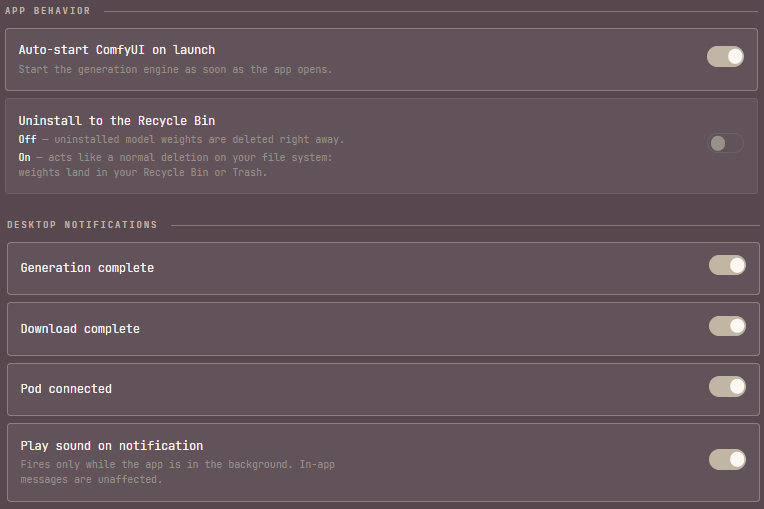 The App behavior and Desktop notifications sections of Settings, each option a row with a description on the left and a toggle on the right